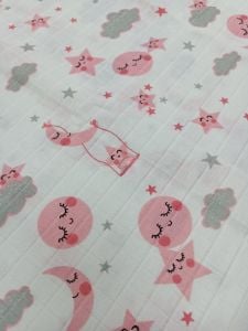 Müslin Bezi Beyaz Üzerine Pembe Ay Yıldız