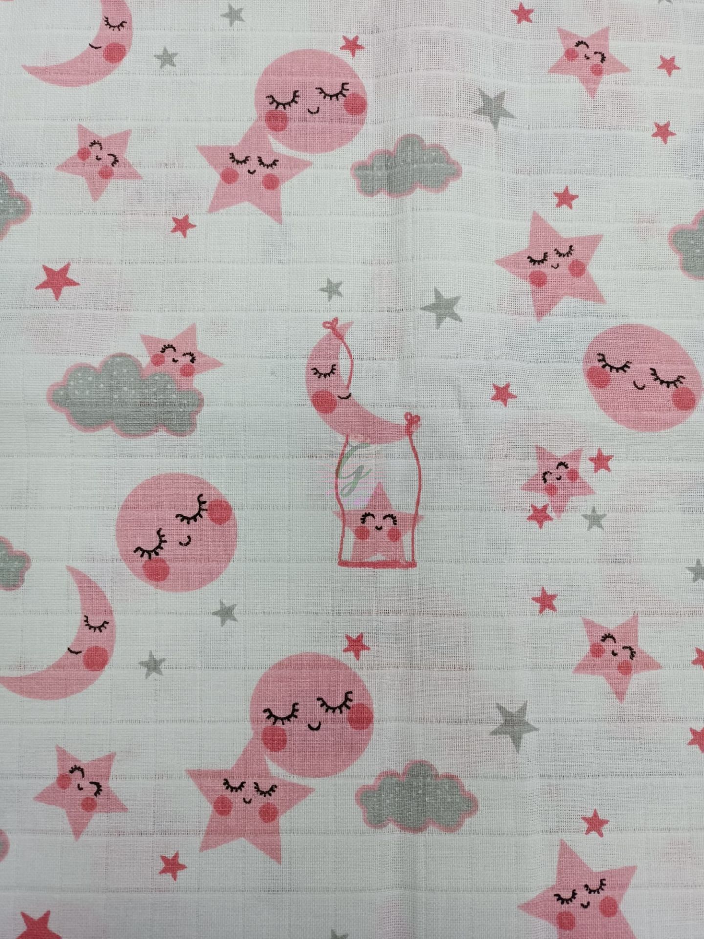 Müslin Bezi Beyaz Üzerine Pembe Ay Yıldız